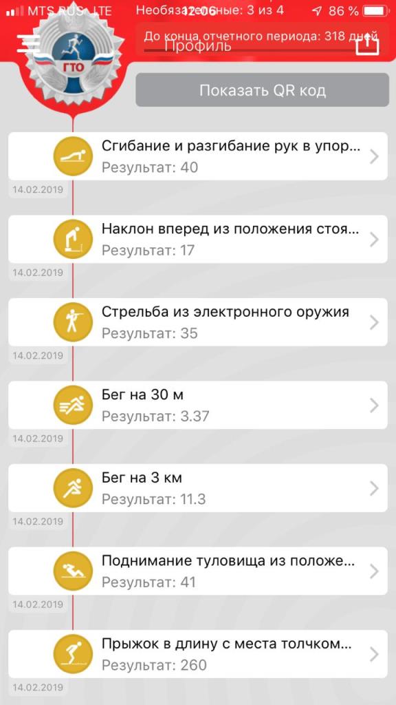 Скриншот личного кабинета по сдаче нормативов ГТО Сергея Дурандина