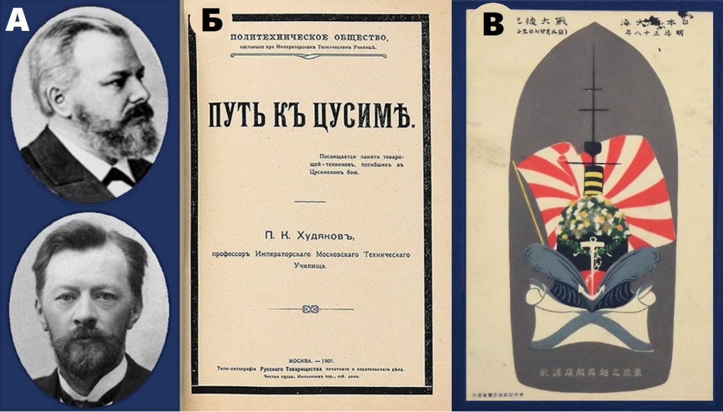 Рис. 6. Архивные материалы: а) портреты П. К. Худякова (вверху) и В.Г. Шухова (внизу) --- авторов объективного ситуационного анализа, написанного через полтора года после Цусимской трагедии; б) титульный лист книги профессора ИМТУ П.К. Худякова, изданной при поддержке Политехнического общества в 1907 г.; в) японский плакат, посвященный победе при Цусиме, 1905 г.