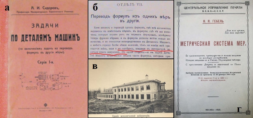 Рис. 9. Архивные материалы: а) задачник А.И. Сидорова по деталям машин, 1908 г.; б) объяснению перевода формул из одних мер в другие А.И. Сидоров посвятил целый отдел задачника; в) здание механической лаборатории ИМТУ, нач. XX века; г) брошюра В.Я. Гебеля о преимуществе и пользе метрической системы мер, 8-е изд. 1925 г. (1-е издание --- 1892 г.)
